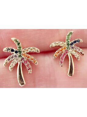 Palm Tree Earrings Rhinestones Posts 0. 25 in L New Cruise Islands Tropical Vaca
